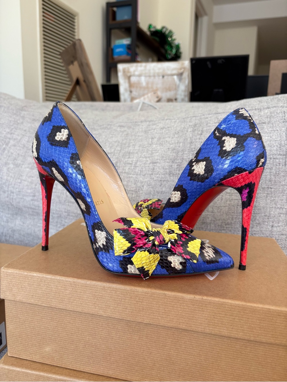 Christian Louboutin Blue Multicolor Python Bow Stiletto Pumps